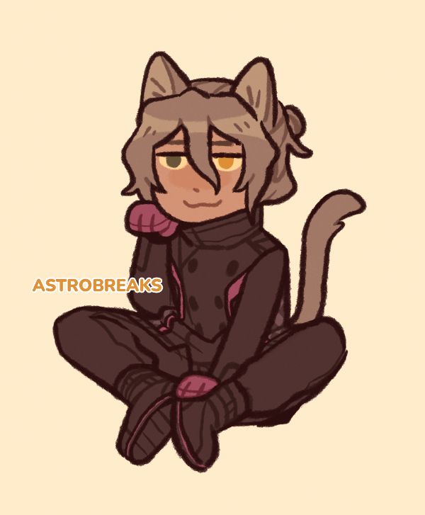 digital fullbody chibi drawing of date kaname from ai: the somnium files game series. he is seated nearly cross-legged, and has cat ears and a cat tail, making a smug face and one of his hands posed near his head like a cat paw.
