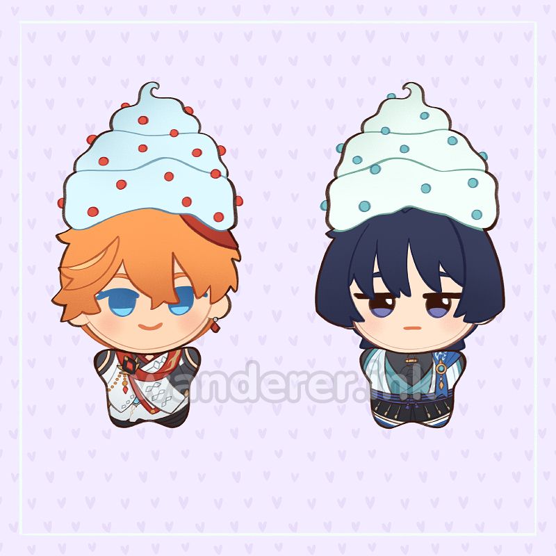 A drawing of Tartaglia and Wanderer from Genshin Impact as nui plush dolls, with frosting and sprinkles on their heads as if they were cupcakes. The background is a lavender with light purple polka dots. The piece is digital art.