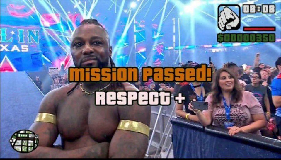 swerve strickland folding his arms and smiling meme from aew all in with gta “mission passed! respect+” overlayed 