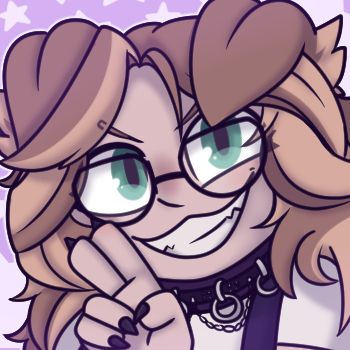 A female humanoid with two, big, floppy dog ears. Her hair is a brown and blonde twist, and falls over her shoulders, and her eyes are a slightly dull blue-green. She's looking directly at the camera with a huge, toothy smile and devious expression while holding up a peace sign with her black stiletto/claw-like fingernails. Her clothing consists of a short-sleeved white shirt and a visible suspender of her blue overalls. She has a heavily adorned dark purple and black collar, featuring three o-rings and a chain, as well as a pair of black glasses. The background is a light purple with random star patterns.