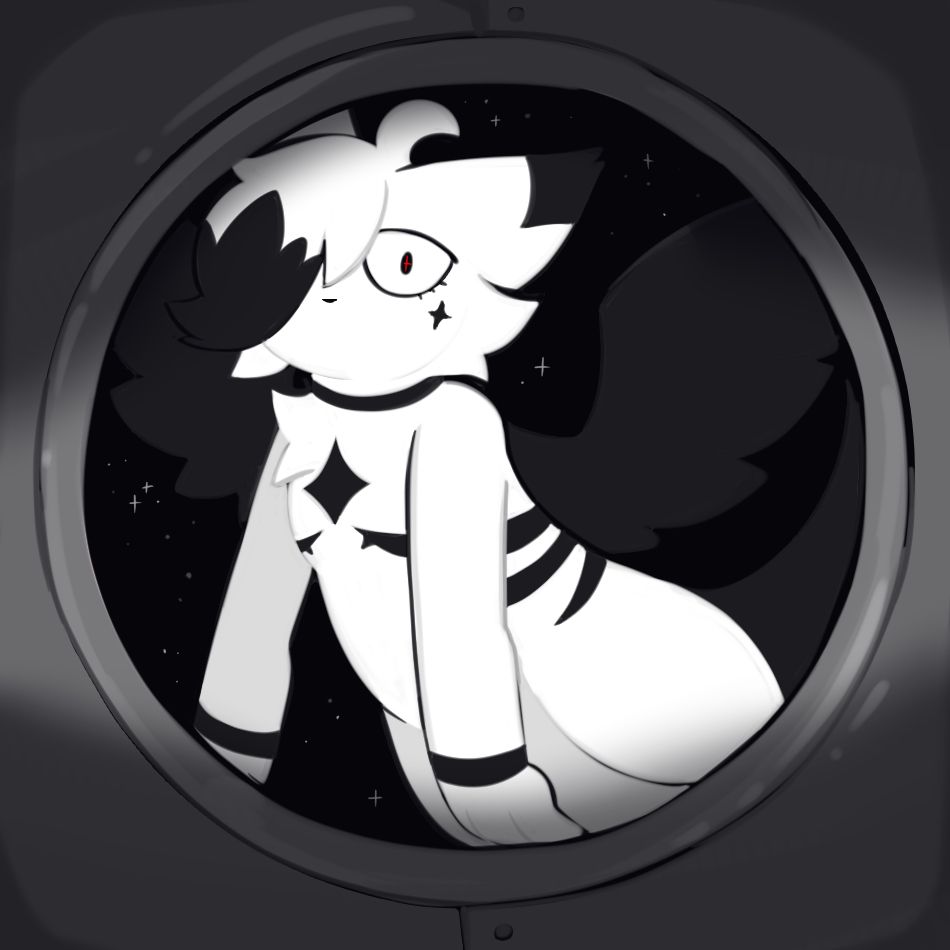 A view from presumably inside a spacecraft of some kind, facing one of the portholes. Outside, a stark white furry creature with black wings and tail stares menacingly at the viewer, floating limply through space, seemingly unbothered by their situation and focusing solely on the viewer.