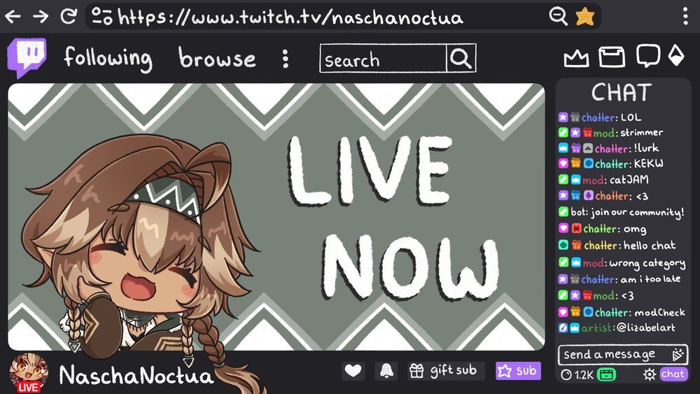 LIVE NOW artwork by LizabelArt. The piece depicts a twitch chat with a link to Nascha's Twitch, as well as art of her resting her head on her hand and smiling.