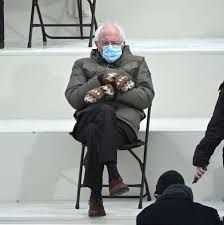 Image of Bernie Sanders at 2021 Inauguration wearing big wool mittens