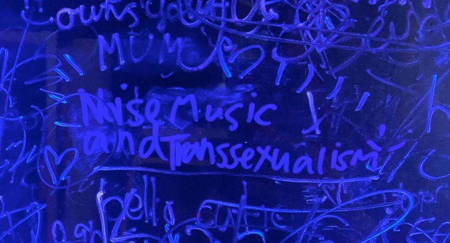 Photo of drawing board centred on the text "Noise Music and Transsexualism"