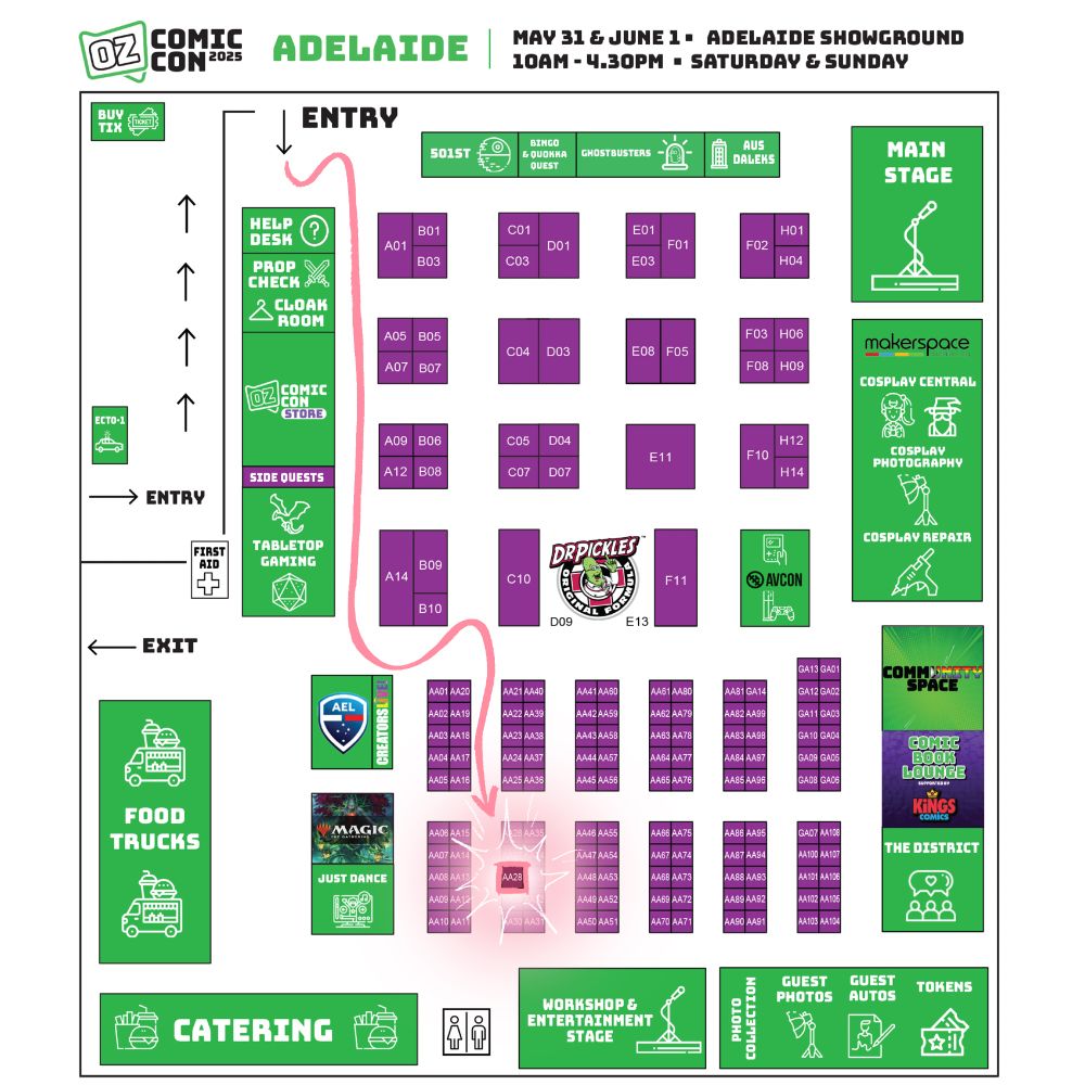 A map of the show floor with an arrow leading to my table location, AA28