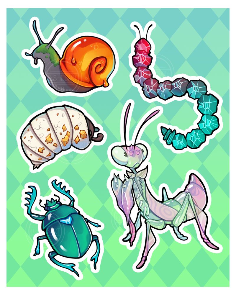 A set of stickers depicting various invertebrates with elements of gems or other minerals.

Top left: A grey snail with an amber shell and moss covering their head
Middle left: a white isopod with gold nuggets in their plates
Bottom left: A teal scarab beetle with a gem in their back.
Top right: A centipede comprised of gemstones, starting red at it's head and fading to teal down their back.
Bottom right: a pink and green mantis that appears to be made of glass.