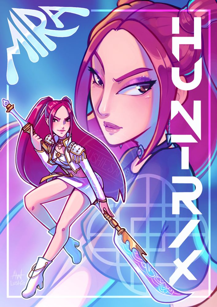 Fanart of Mira from Kpop Demon Hunters. There is a full body illustration of her in the bottom left, with a large waist-up version of her in the background. The text in the top left reads "Mira". The text down the right side reads "Huntrix".