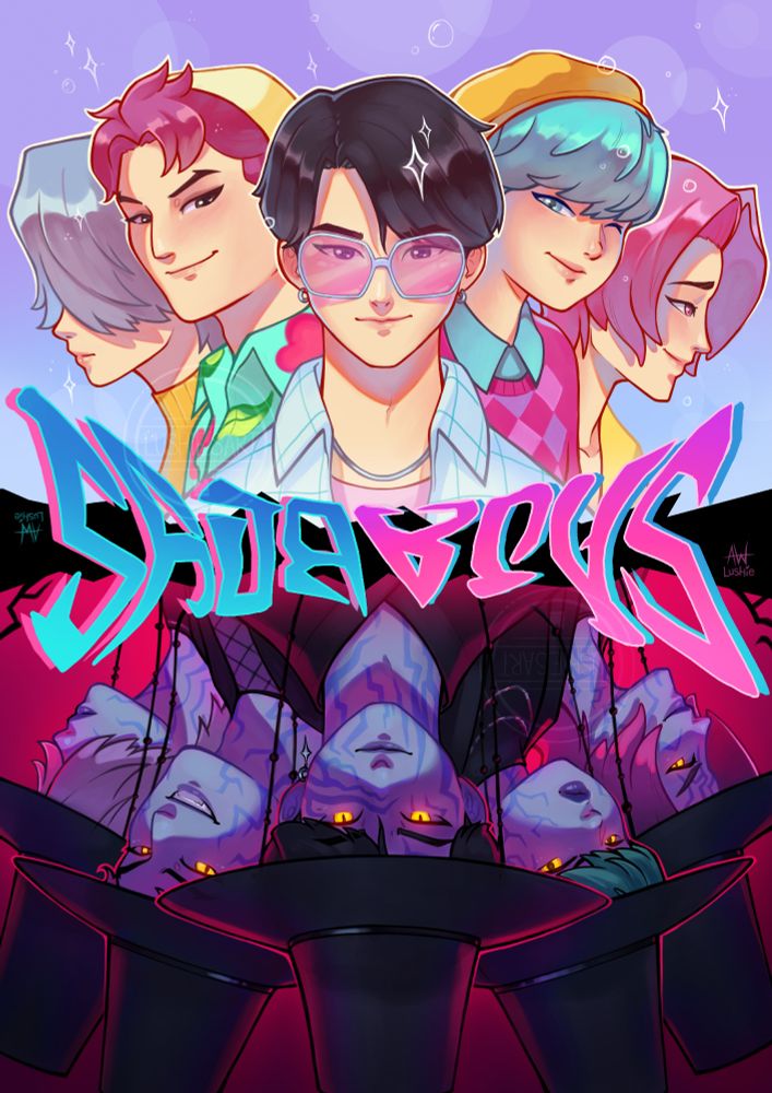 Reversible Artwork of Saja Boys from Kpop Demon Hunters.
Top: Saja Boys in their Soda Pop concept human forms. From left to right: Mystery, Abby, Jinu, Baby, Romance
Bottom: Upside down in this image, Saja Boys in their Your Idol concept demon forms. From left to right: Mystery, Abby, Jinu, Baby, Romance