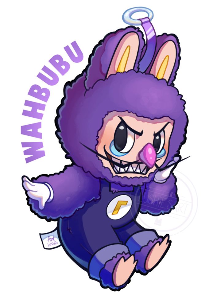 An artwork of Labubu crossed over with Waluigi. The text reads "Wahbubu"