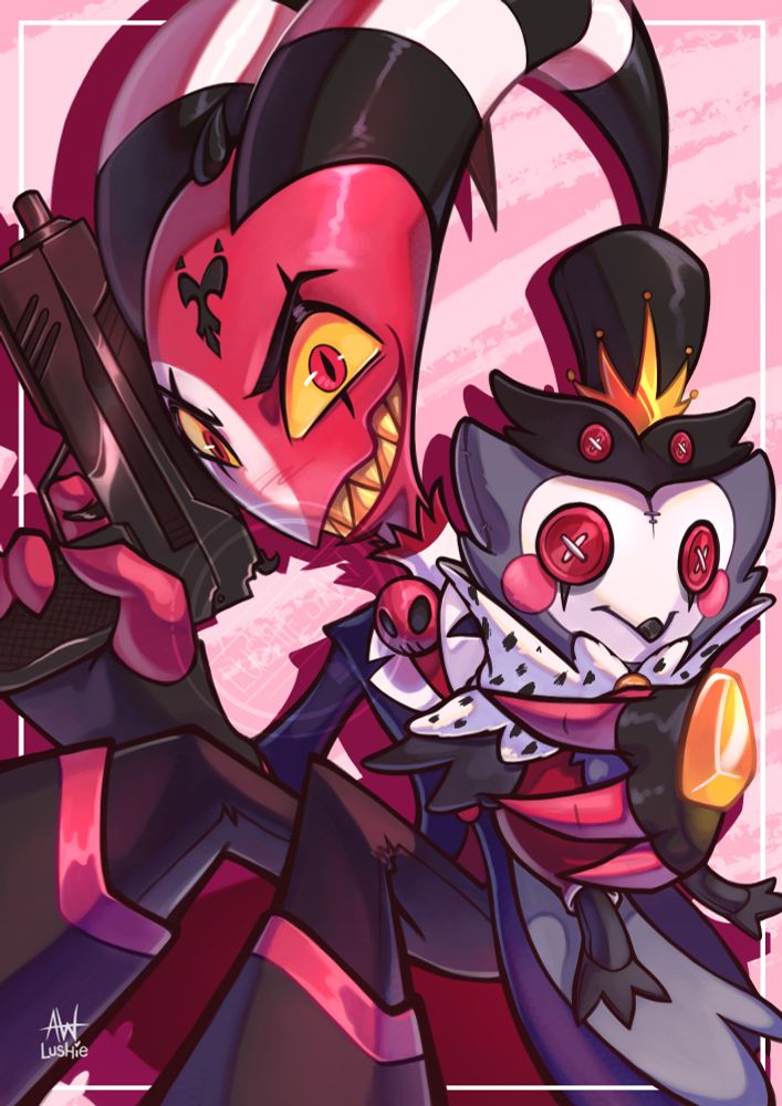Fan art of Blitz from Helluva boss. He's holding a pistol in one hand, a plushie Stolas in the other, and is smiling mischievously at the viewer.