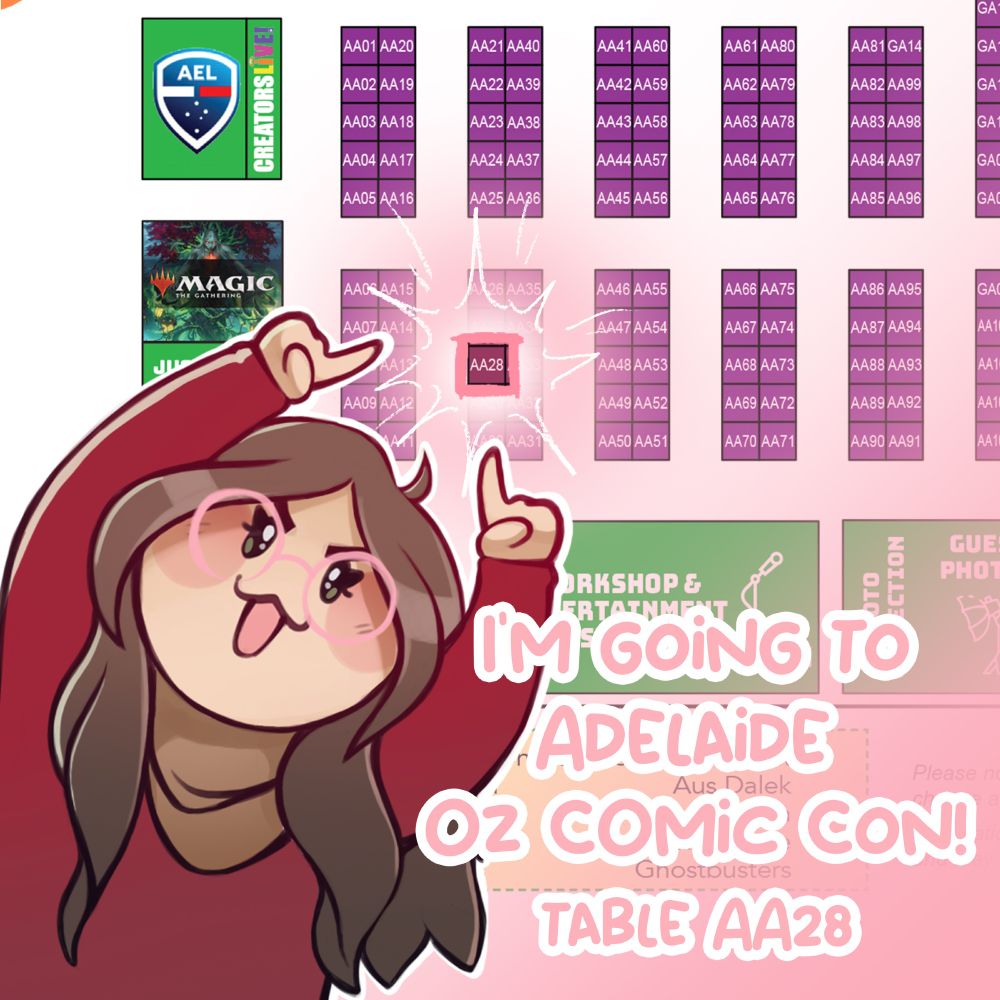 A cartoon of myself pointing to my artist alley table location on a map. The text reads: "I'm going to Adelaide Oz Comic Con! Table AA28"