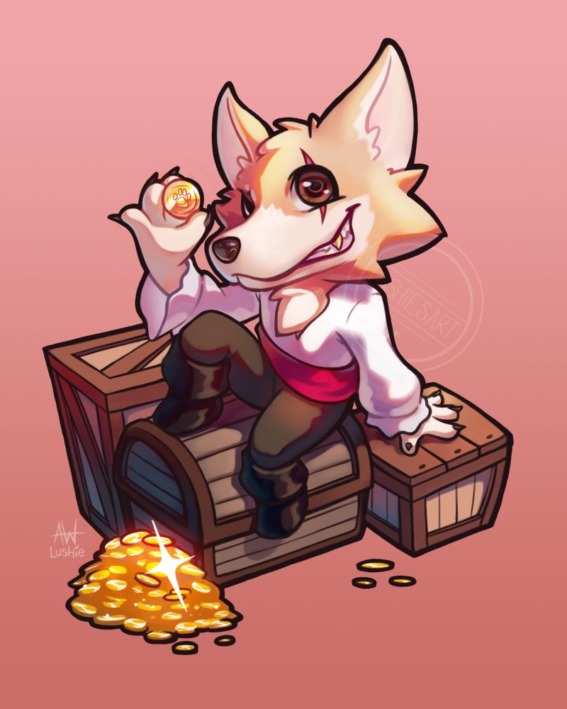 A mischievous looking corgi sits atop a pile of boxes and chests, holding a gold coin.