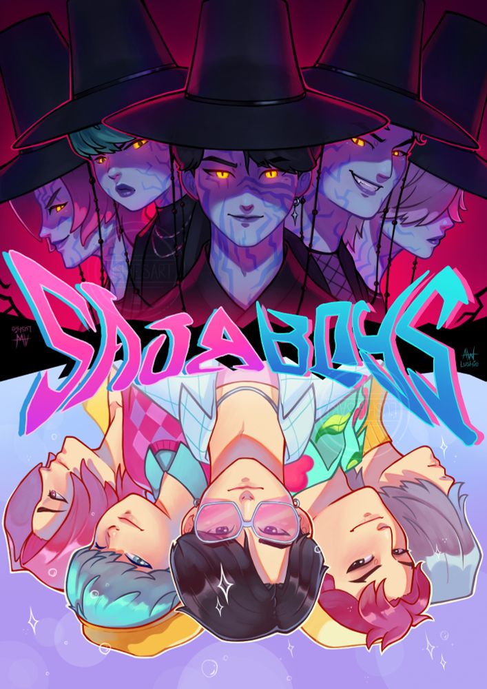 Reversible Artwork of Saja Boys from Kpop Demon Hunters.
Top: Saja Boys in their Your Idol concept demon forms. From left to right: Romance, Baby, Jinu, Abby, Mystery
Bottom: Upside down in this image, Saja Boys in their Soda Pop concept human forms. From left to right: Romance, Baby, Jinu, Abby, Mystery