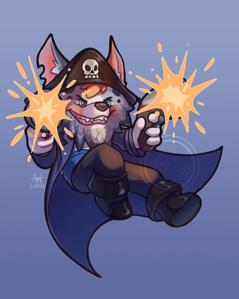 Artwork of corgi dressed as a pirate, firing two pistols while jumping backwards.