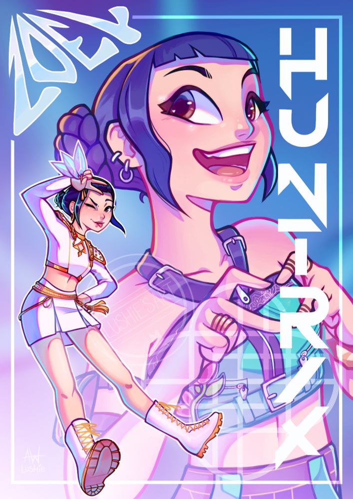 Fanart of Zoey from Kpop Demon Hunters. There is a full body illustration of her in the bottom left, with a large waist-up version of her in the background. The text in the top left reads "Zoey". The text down the right side reads "Huntrix".