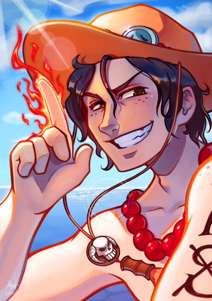 A fan artwork of Ace from One Piece. He is smiling, with one hand raised, with fire coming from his pointer finger. The sun shines from overhead and the sea stretches out behind him to the horizon.