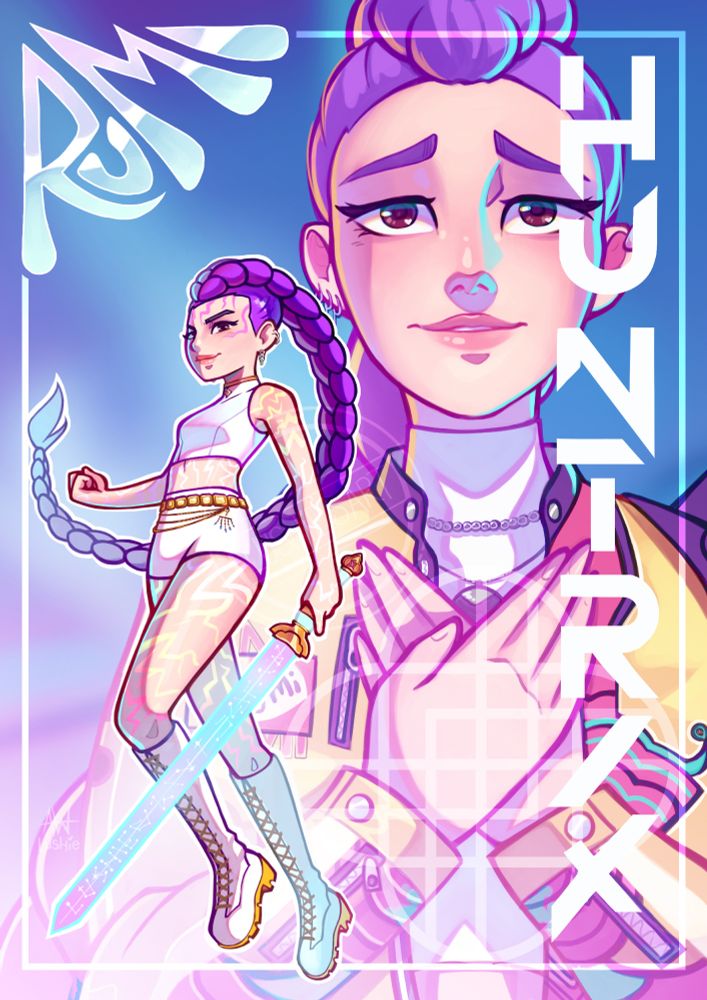 Fanart of Rumi from Kpop Demon Hunters. There is a full body illustration of her in the bottom left, with a large waist-up version of her in the background. The text in the top left reads "Rumi". The text down the right side reads "Huntrix".