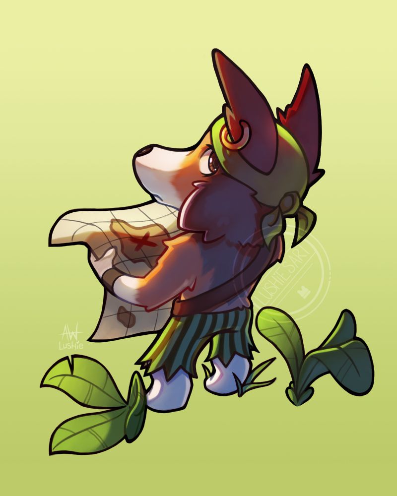 An artwork of a corgi dressed as a pirate holding a map.
