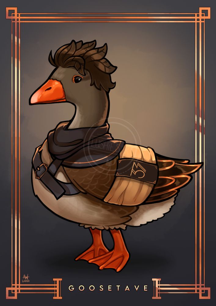 An artwork of a goose dressed up as Gustave from Clair Obscur: Expedition 33. The text at the bottom reads "Goosetave".