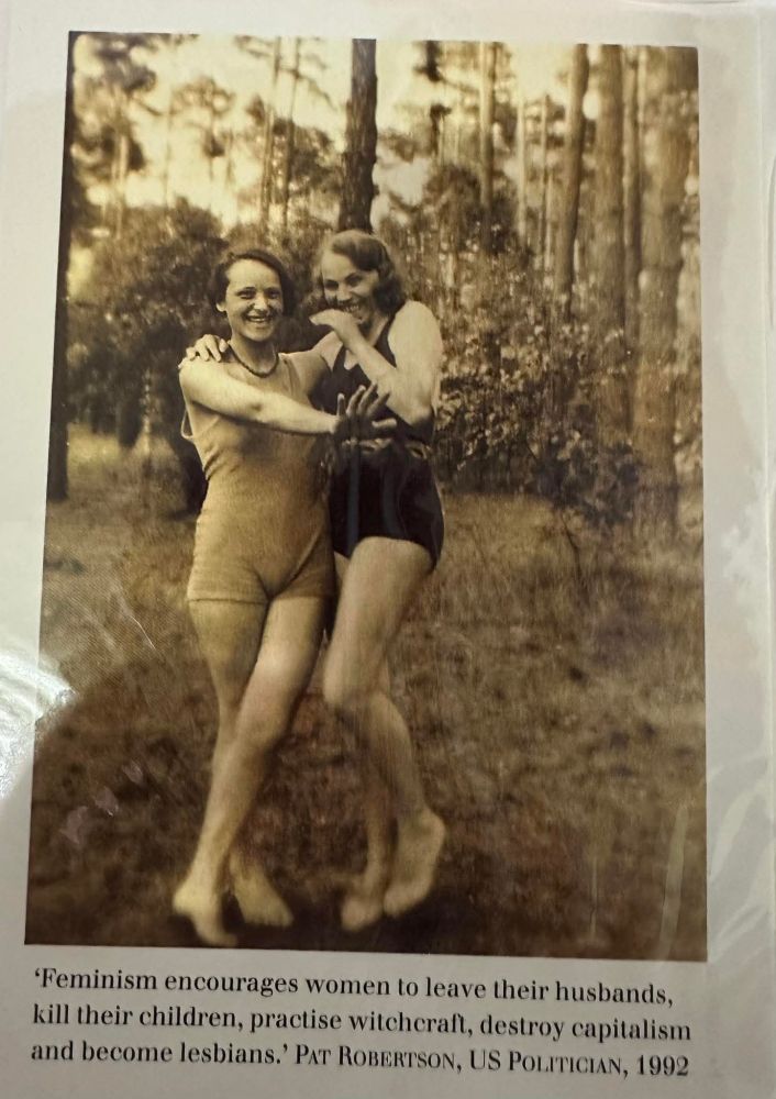 An old picture from the 1930s with a caption that says -

"Feminism encourages women to leave their husbands, kill their children, practice witchcraft, destroy capitalism and become lesbians." 