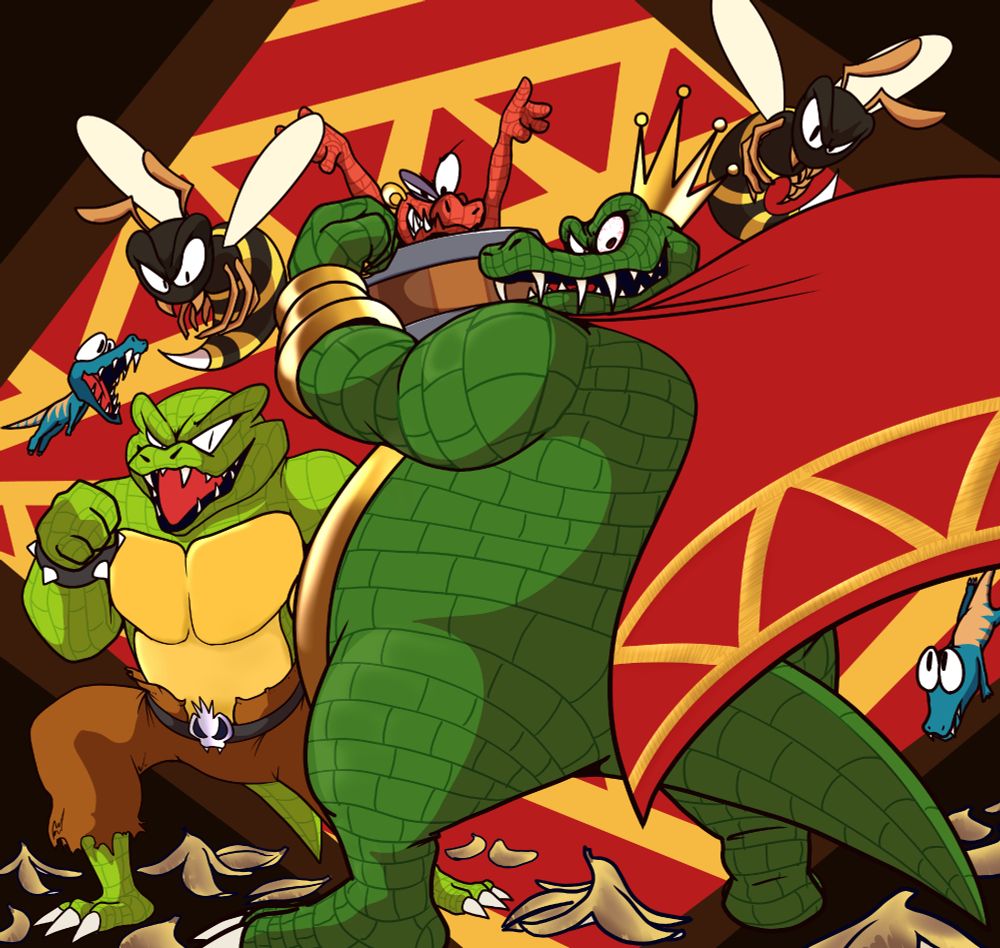 King K Rool posing with his Kremling Krew, including a Kritter, a Kaboom, two Zingers, and two Klaptraps. #donkeykong