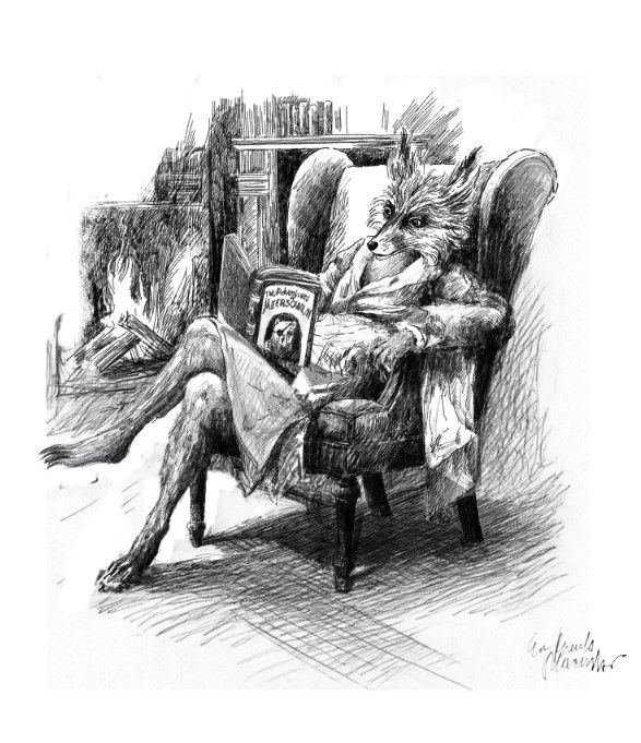 A fox wearing a dressing gown lounges in an armchair reading a book. An illustration of Monty by Ewa Beniak-Haremska from The Feathered Book by Charlie Nutbrown
