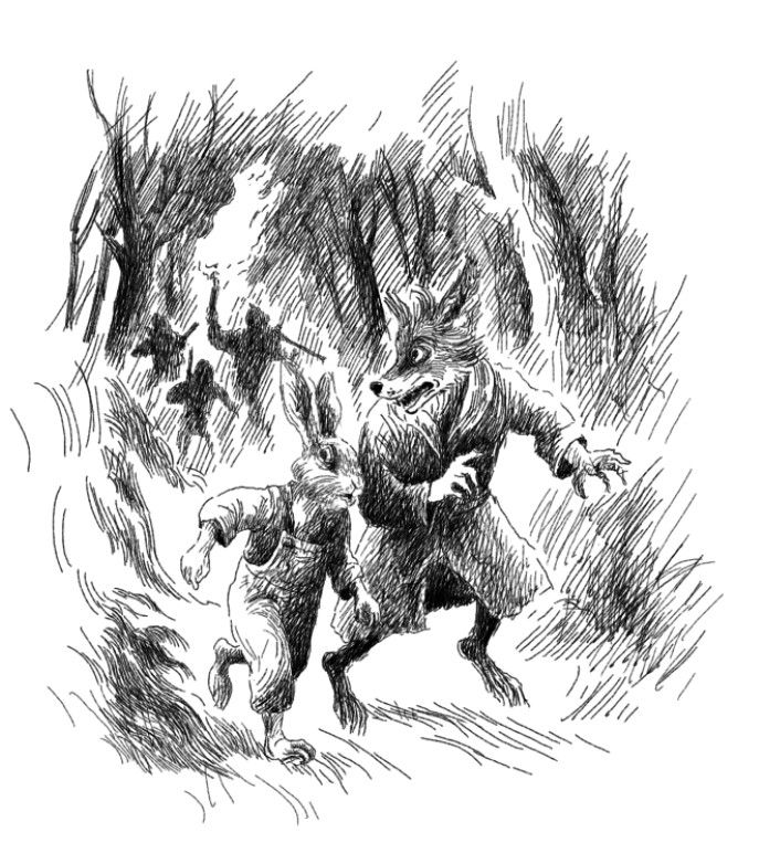An illustration of Monty the Fox and Nettle the Rabbit fleeing through a wood, pursued by pirates