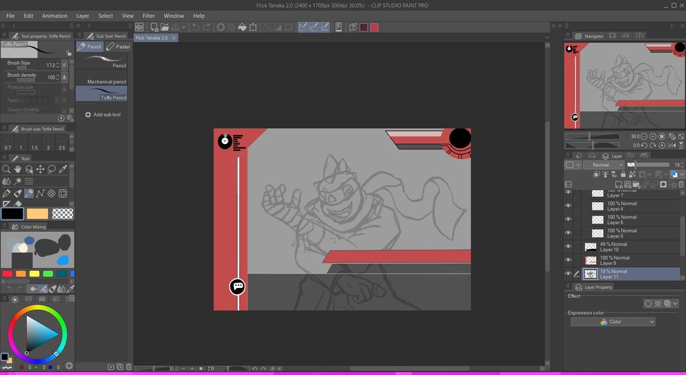a screenshot of a work in progress piece in Clip Studio Paint of Flick from Animal Crossing as Gundham Tanaka with a Danganronpa like UI already crafted.