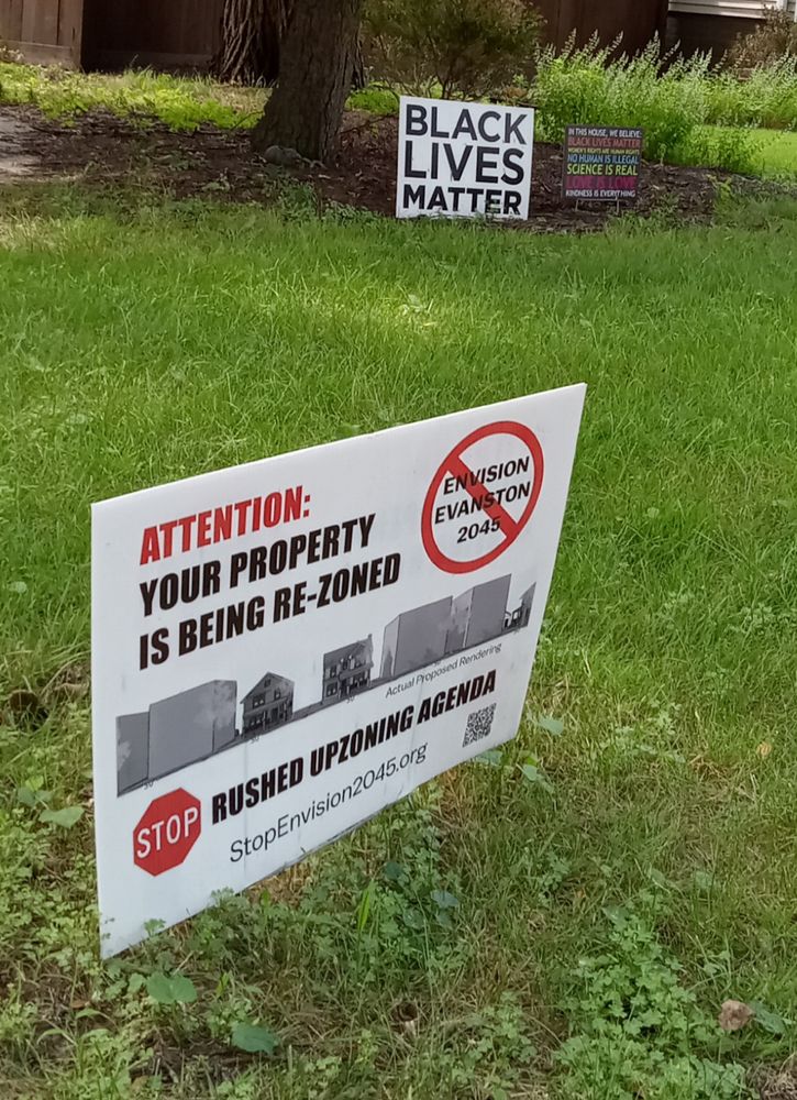 Lawn signs saying "attention, your property is being rezone, stop rushed up zoning agenda," "black lives matter," and "in this house..."