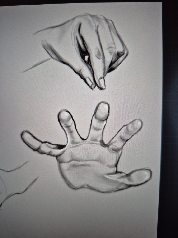 A close up of 2 of the 6 hands. One pinching the thumb and index finger, the other with fingers spread out towards the "camera". 