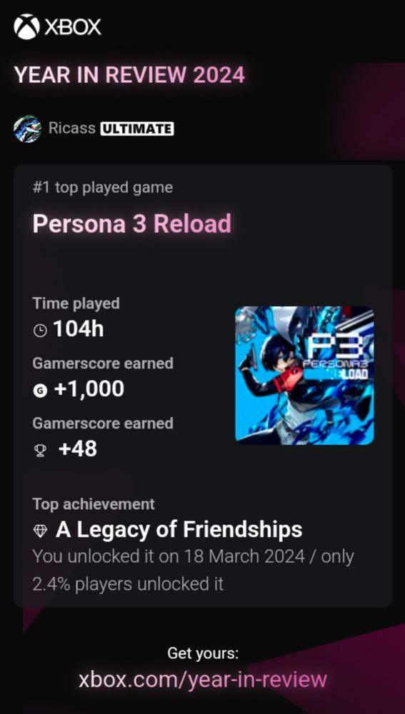 A screenshot of the Xbox Year in Review 2024 recap. It shows details of Persona 3 Reload being played for 104 hours