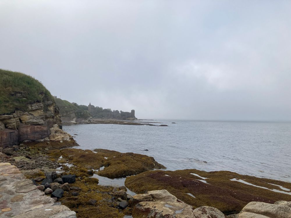 The coast and sea in St Andrews, with the castle ruin in the background. 