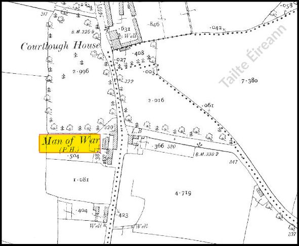 'Man of War' marcáilte ar léarscáil 25" na Suirbhéireachta Ordanáis agus 'Courtlough House' mar a bhí, ó thuaidh dhe. 
(P.H.) = 'public house'