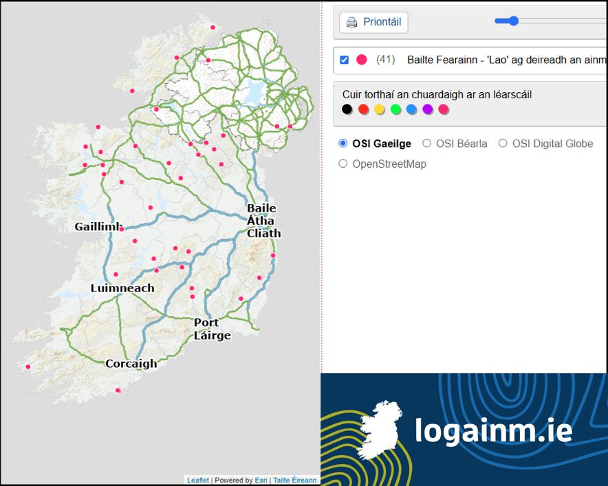 Léiriú ar shamplaí de bhailte fearainn sa tír ina bhfuil an focal 'lao' ag deireadh an ainm.  