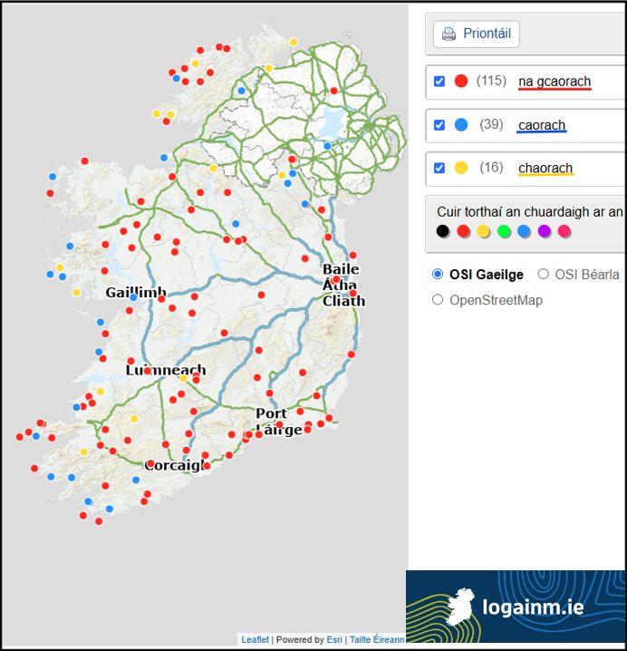 Léiriú ar shamplaí de logainmneacha sa tír ina bhfuil an litriú 'na gcaorach', 'caorach' agus 'chaorach' le fáil iontu. 