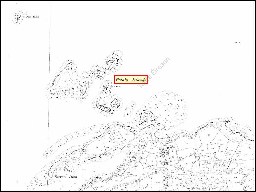 'Potato Islands' marcáilte ar léarscáil 25" na Suirbhéireachta Ordanáis.
'Potatoe Islands' ar an 6" - © Tailte Éireann