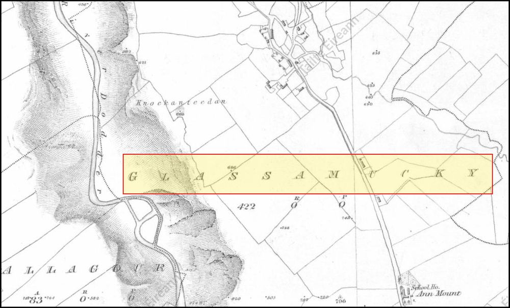 'Glassamucky' marcáilte ar léarscáil 6" na Suirbhéireachta Ordanáis.
© Tailte Éireann