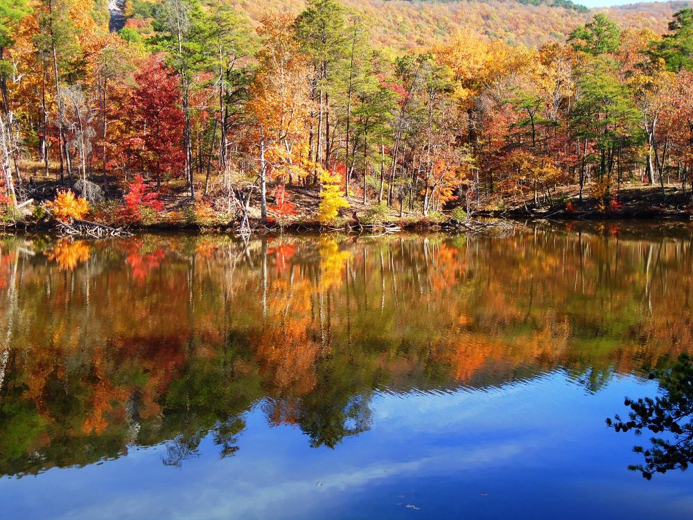 Fall foliage reflects in the waters of the lower lake at Cheaha State Park