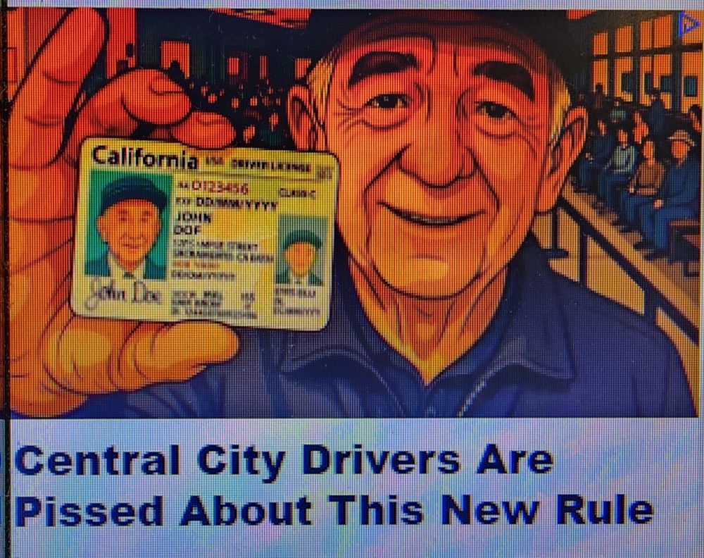 AI slop ad that shows a cheerful old man holding a California driver license. The name on the license is JOHN DOF