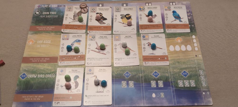 Wingspan player mat with bird cards, eggs, and food tokens