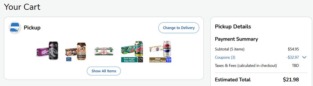 Screenshot of an online shopping cart.  There is nothing in it except five 12-packs of soda.  The price shows $54.95 with $32.97 savings for a total of $21.98.