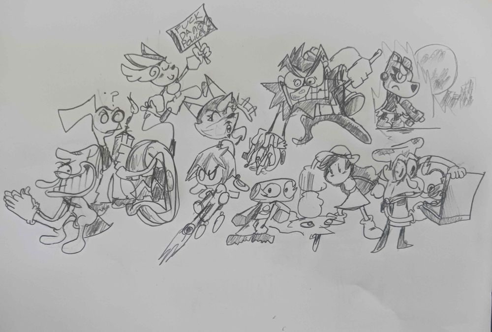 An on-paper drawing featuring The Noise from Pizza Tower, Scat from RAVE ROUGH, Penny and Yo-Yo from Penny's Big Breakaway, Miss Noir from VIVIDLOPE, the player character from 500 CALIBER CONTRACTZ, Dynamite Anton from AntonBLAST, Blemie from OUTER OUTAGE, Luna from Grapple Dogs: Cosmic Canines, Globule from Decline's Drops, and Pizzelle from Sugary Spire. All characters belong to their respective owners.