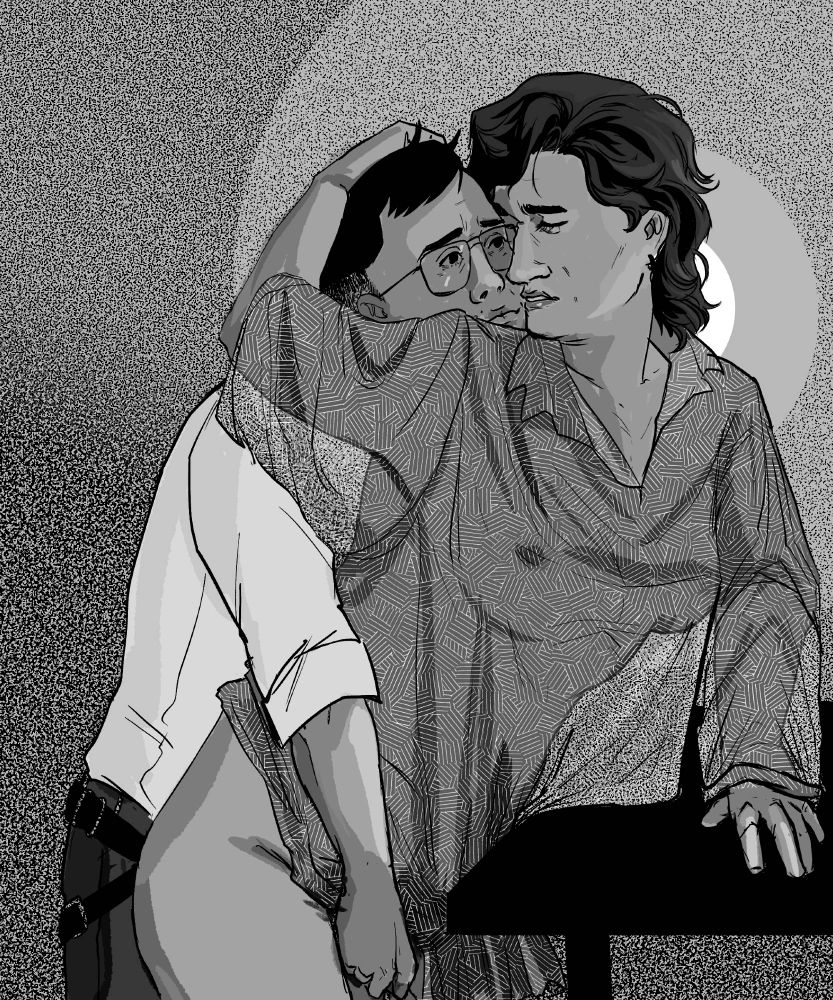 greyscale sketch of genderswapped herbert west strapping genderswapped dan cain