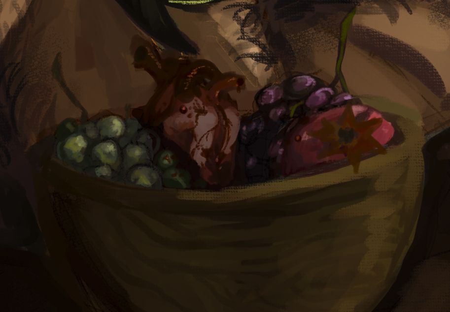 painting of a wooden bowl with fruit and a human heart.