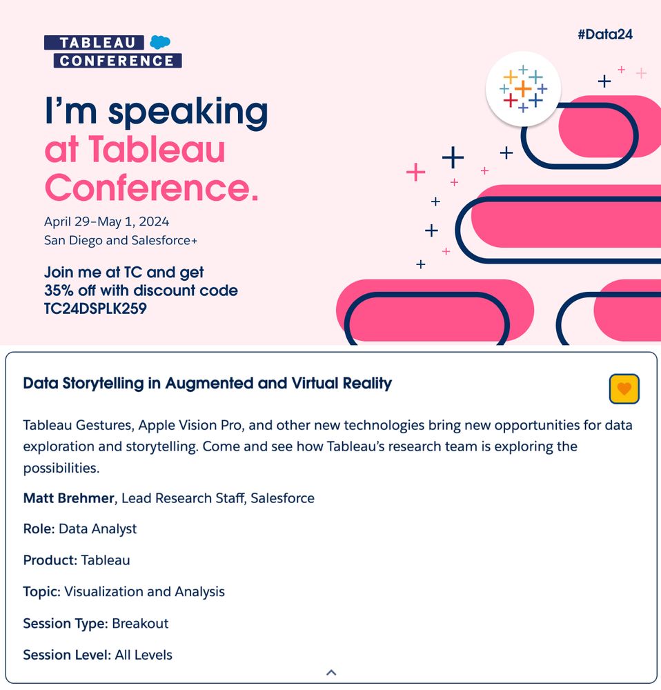 I'm speaking at Tableau Conference: April 29 – May 1, 2024 in San Diego. Join me at TC and get 35% off with discount code TC24DSPLK259. Talk title: "Data Storytelling in Augmented and Virtual Reality"Description: Tableau Gestures, Apple Vision Pro, and other new technologies bring new opportunities for data exploration and storytelling. Come and see how Tableau’s research team is exploring the possibilities. Speaker: Matt Brehmer, Lead Research Staff, Tableau Research