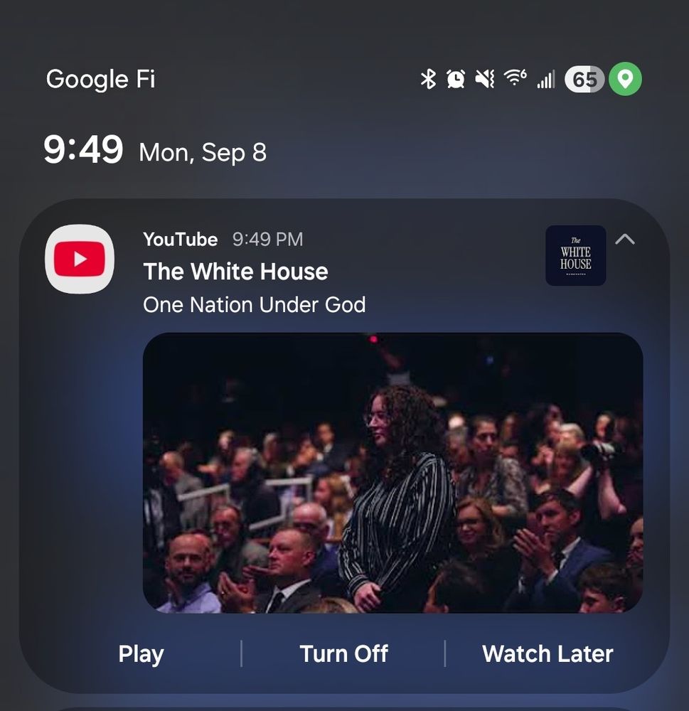 screenshot, android, showing white house YouTube video notice, "one nation under God*