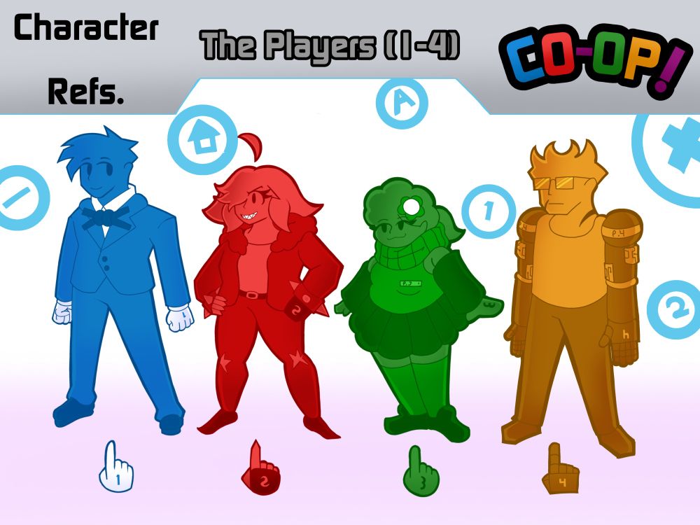 The ref sheet shows the 4 players, standing together as well as their respective cursor below them.
