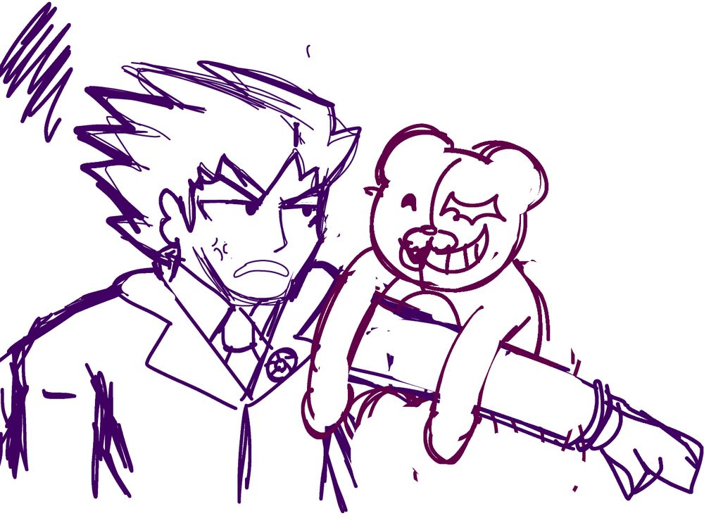 Doodle shows the team Law and Disorder where  Monokuma (right. from Danganronpa) is on Phoenix’s left arm smiling. Meanwhile Phoenix (Left. From Ace Attorney) is seen annoyed at Monokuma.