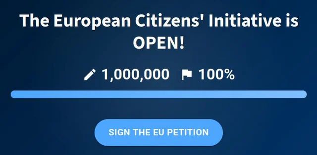 Image montrant la barre de progression des signatures de l'initiative européenne du mouvement StopKillingGames à 100%, avec 1 million de signatures