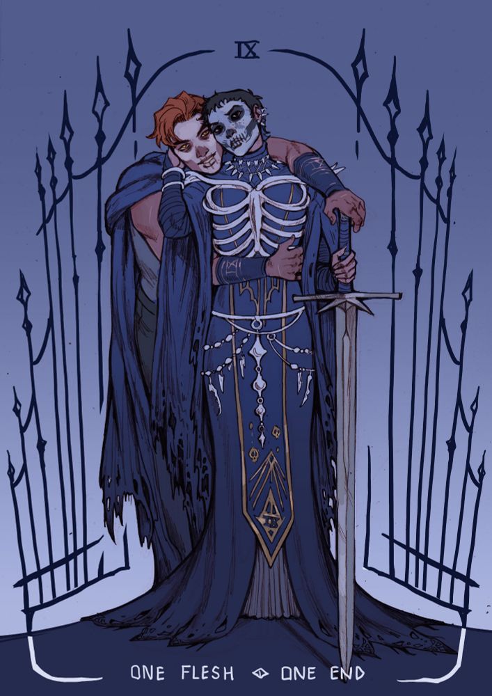 Artwork of gideon nav and harrowhark from the locked tomb book series. Gideon has skull paint and red hair, she is behind harrow hugging her. Harrow stands in front with her left hand on a longsword. They wear dark blue/black robes and there is a simple fence design around them.